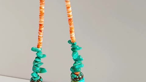 Natural turquoise smooth beads and red spiny oyster chunky pendant necklace 20231023-02-08