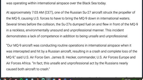 ALERT: Incident Between Russian Su-27 and American MQ-9 Drone Over the Black Sea