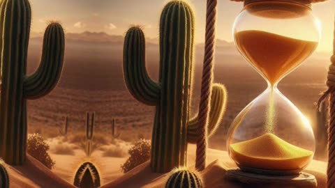 Create an image of a hourglass on a rope in the middle of the desert