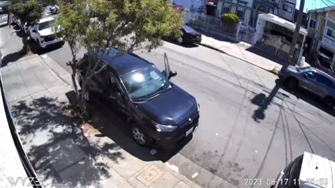 Thief smashes car window and steals backpack with victim inside.