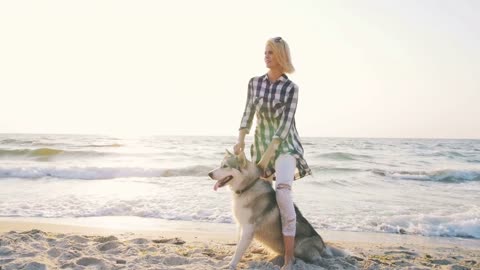 Young female playing with siberian husky dog on the beach at sunrise