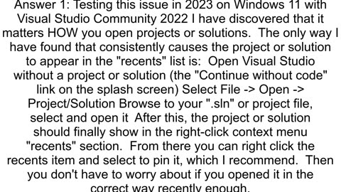 Recent project on Visual Studio does not appear on rightclick Windows