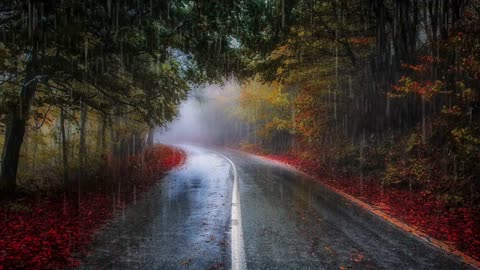 "Rainy Day Roadtrip: Colorful Trees and Relaxing Rain Sounds"