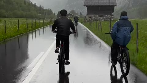 In rain bicycling in mountain beautiful view 🏞️