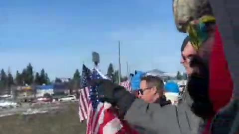Freedom Convoy USA - Protesters on overpass support convoy on I-90 in Post Falls, Idaho