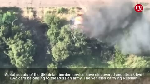 Vehicles carrying Russians to battle are burnt to ashes after a drone strike