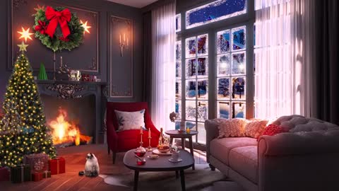 Cozy Christmas Coffee Shop Ambience with Christmas Music- Fireplace and Coffee Shop Background Noise