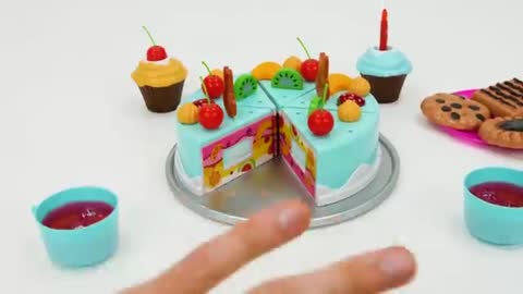 toy learning video for toddlers - learn shapes, colors, food names, counting with a birthday cake!