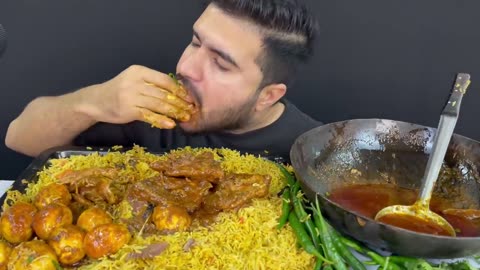 eating spicy mutton legs pice biryani+ spicy & huge chicken & eggs cury eating