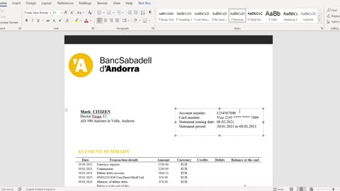 Andorra BancSabadell d’Andorra banking statement template in Word and PDF format