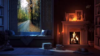 Cozy Rain in Window Crackling Wood Fire Sound Meditation Evening Relax Study
