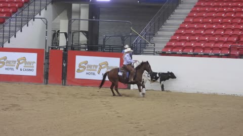 A woman competing in a reining competition at South Point in Las Vegas on July 2, 2021.