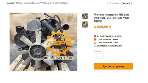 AEPSPIECES.COM - Moteur complet Nissan PATROL 2.8 TD GR Y60 RD28