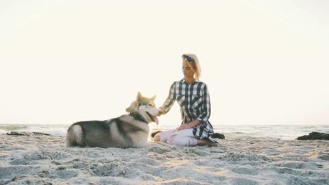 Young female playingwith siberian husky dog on the beach at sunrise