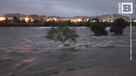 Tropical Storm Hilary Flood Waters Nearly Submerge Truck, Trees in California