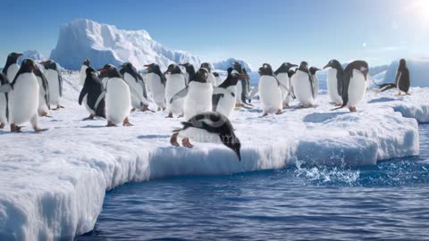 Muitos pinguins gentoo ficam no gelo e depois pulam na água.