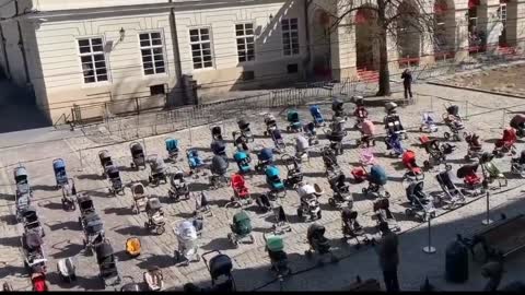 109 baby carriages are placed in Lviv, representing the deaths of Ukrainian children in the war