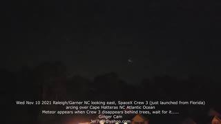 2021 Nov 10 Meteor and SpaceX Crew 3 seen from Raleigh/Garner NC looking east to Cape Hatteras