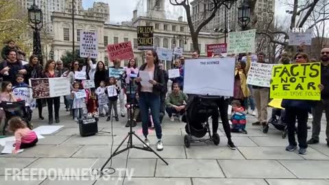 "Burn The Mask" Chant kids and adults at Unmask Our Toddlers rally at NYC City Hall today.