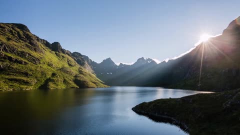 the scenic lake agvatnet lofoten islands norway on a sunny summer day
