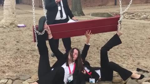 Business girls big red swing fail