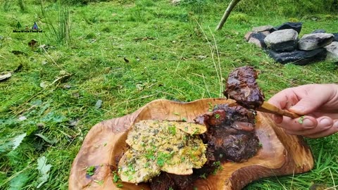 Bushcraft in a Beautiful forest! Cooking meat with potatoes under a thick layer of cheese