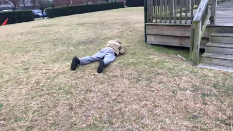Guy does front flip off wooden balcony and falls on butt