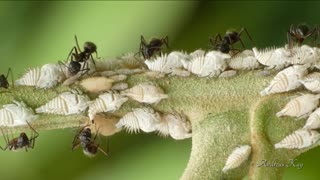 Hormigas cuidan a ninfas saltamontes buscando mielada
