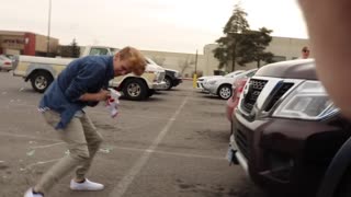 Boys in car silly string prank