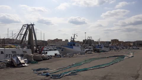 View of the seaport - Fish nets on the ground