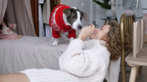 Young woman plays with dog waiting for guests to arrive for New Year home dinner party