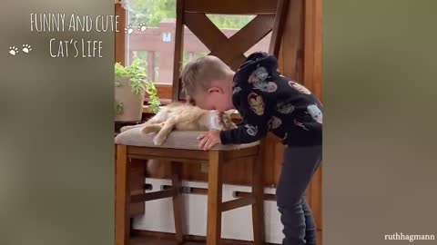A little cute for life is better - A cute cat and baby playing together