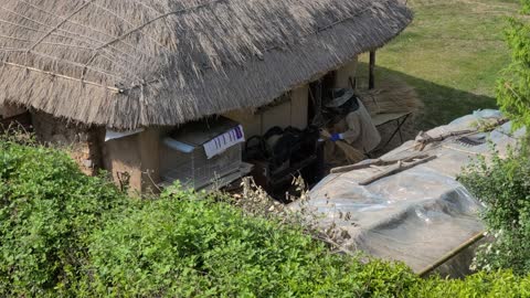 A person who is twisting the grass under a thatched house in Korea.