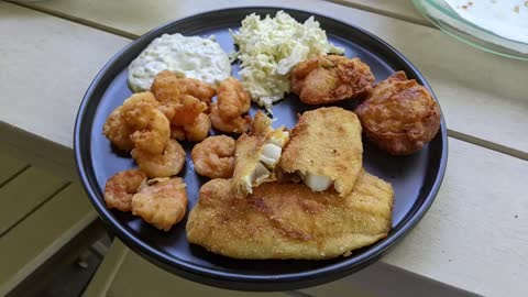 Backyard Fish Fry, Shirmp, Hushpuppies & Slaw GA Southern Cooking