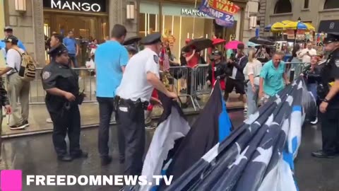 Patriots Unfurl Gargantuan Thin Blue Line Trump Flag in Front of Trump Tower Before Getting Arrested