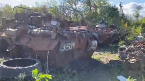 Izymsky, Kharkov region, Ukrainian troops show footage of a Russian vehicle cemetery.