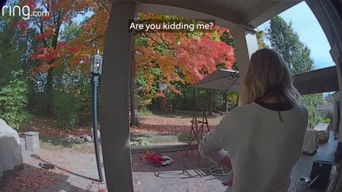 Doorbell catches lady using leaf blower