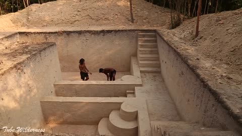 Build Underground Tunnel House and Palm Swimming Pool& Leaf Bathtub