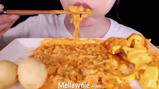 ASMR CHEESY CARBO FIRE NOODLES, CHICKEN, CHEESE BALL EATING SOUNDS MUKBANG