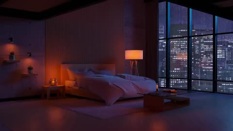 In a quiet and cozy bedroom with a night view of the city on a rainy day (8 hours)