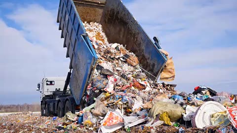 Garbage truck disposed trash on the landfill. Vehicle transporting garbage to waste