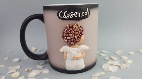 Mug polymer clay doll angel decoration. Cup with the inscription sublimation. Magic cup DIY.