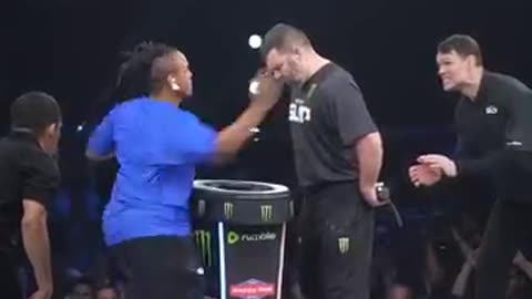 He eats a shot and then deliver fighting competition
