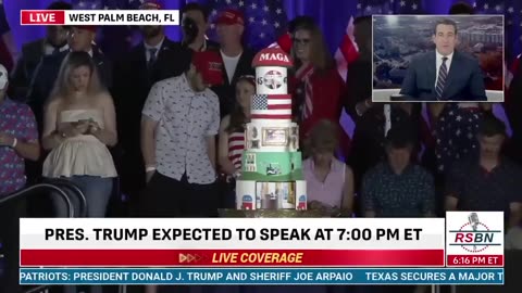 HUGE MAGA BIRTHDAY CAKE for President Trump delivered to stage at Club 47 celebration