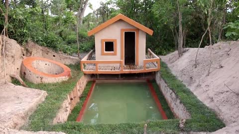 60 days they lived. Build an underground house with fountains, underground pools and trees