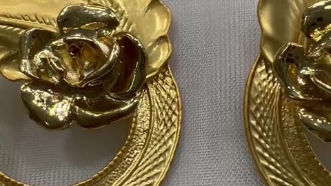 18KGP Gold Tone Earrings. Two Tone. Rose. Clip On. Matte Gold. Rare Find.