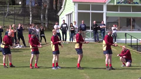 World's Strongest Men in a Tug o' War Challenge at Braemar Gathering Highland Games site in Scotland