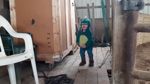 Child Dinosaur Costume Jumping Wood Barn