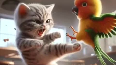Funny cat and parrot kungfu fight ❤️😂
