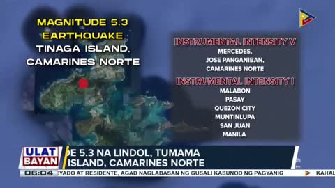 Magnitude 5.3 na lindol, tumama sa Tinaga Island, Camarines Norte